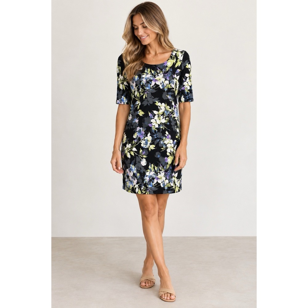 J Jill Wearever Dress PXS Petite XS Black Floral 3/4 Sleeve Stretch Knit Shift